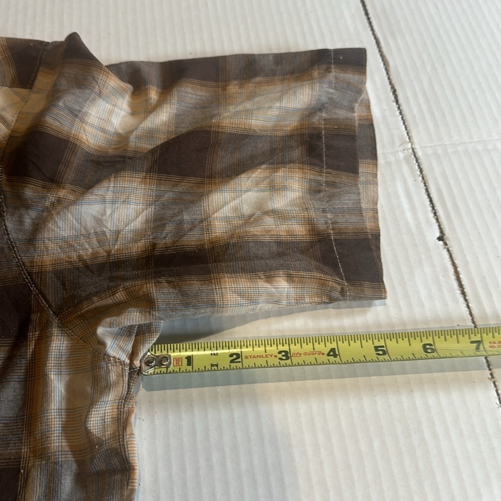 Real Work Wear Plaid Brown light brown blue Men's Shirt pearl snap buttons sz L - Picture 4 of 9